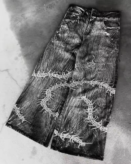 Black Embroidery Printed Baggy Jeans